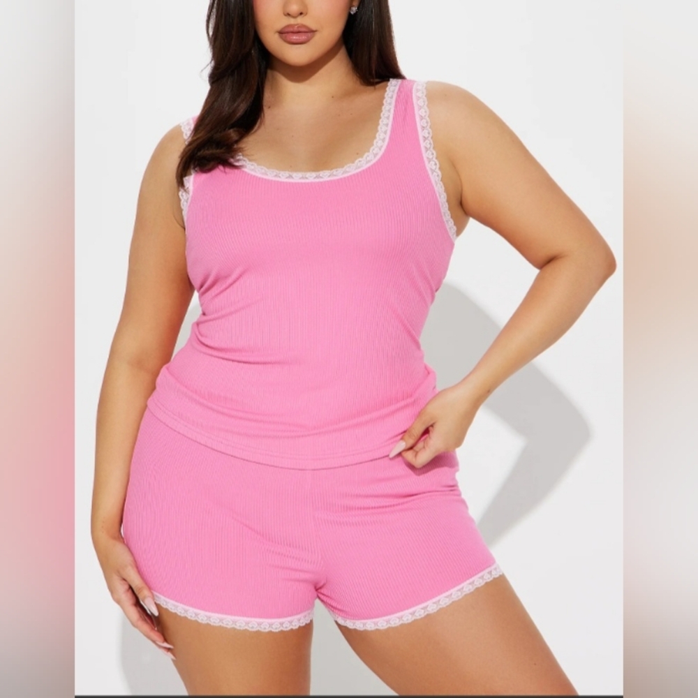 Women's 2 piece Pink Lace Trim Tank and Short Pajama Set